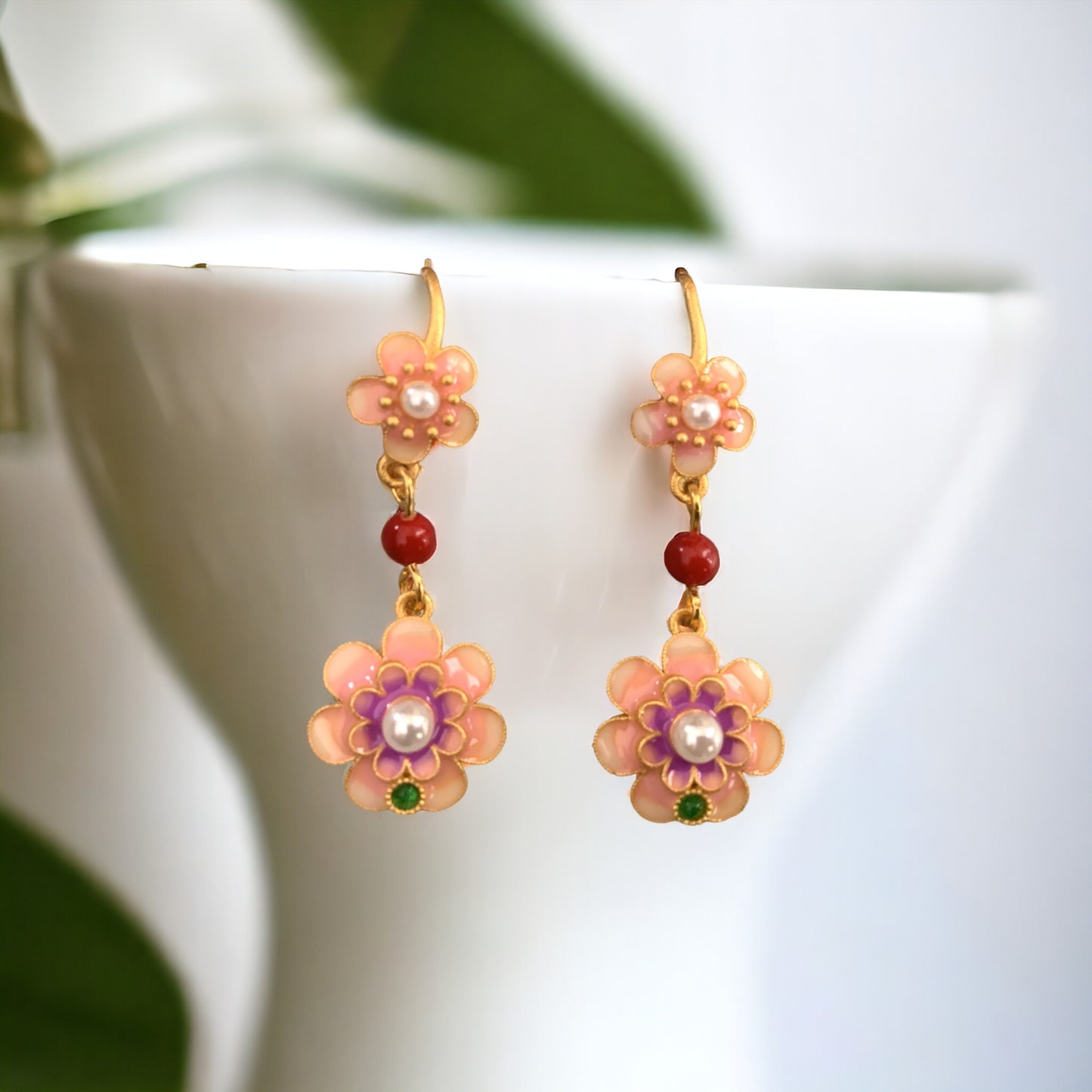 Camellia Pink Enamel Earrings