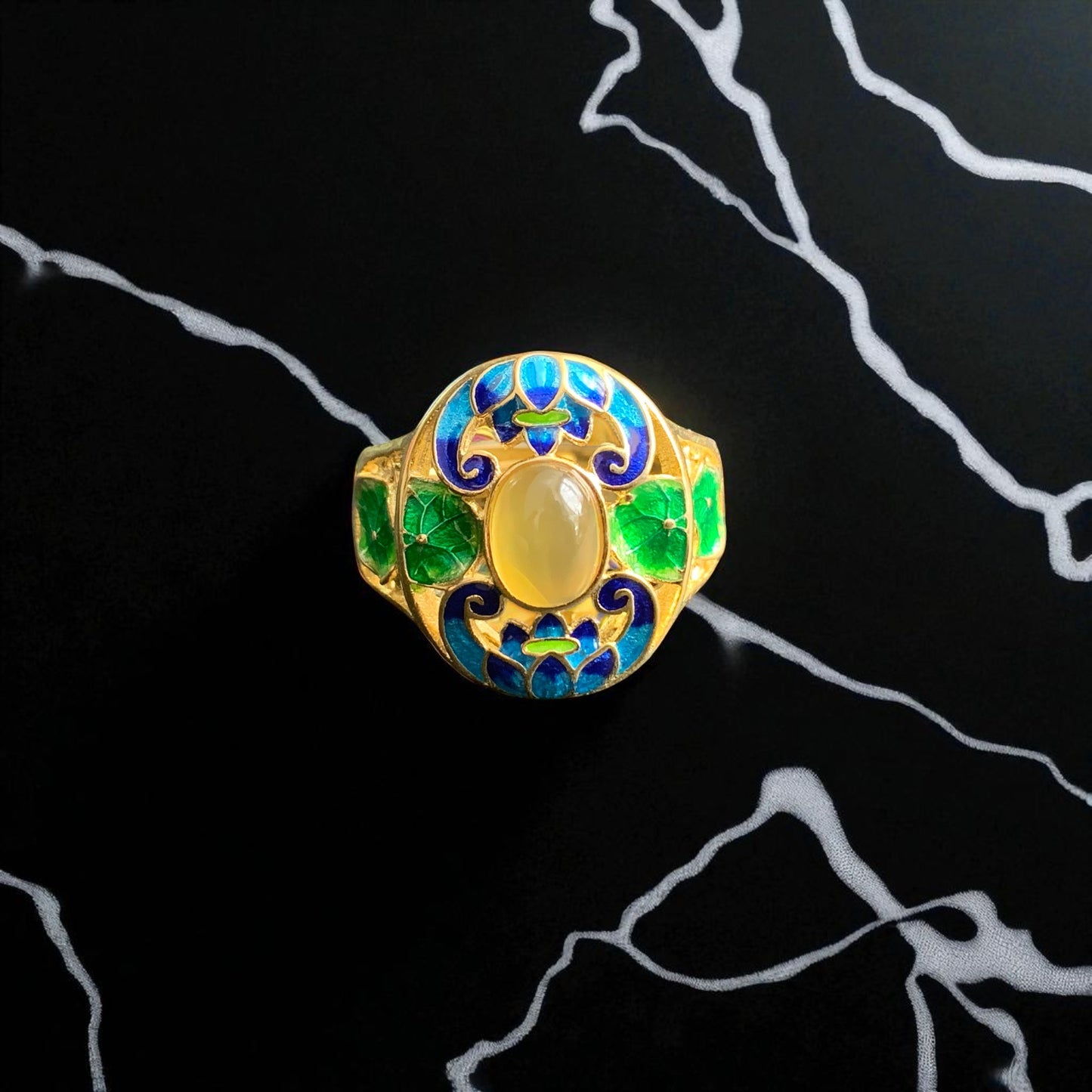 Vintage Style Cloisonne Yellow Agate Statement Ring