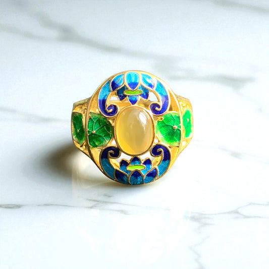 Vintage Style Cloisonne Yellow Agate Statement Ring