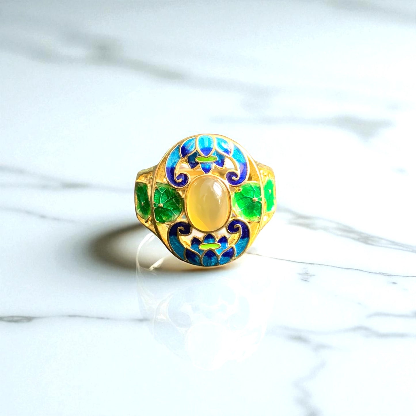 Vintage Style Cloisonne Yellow Agate Statement Ring