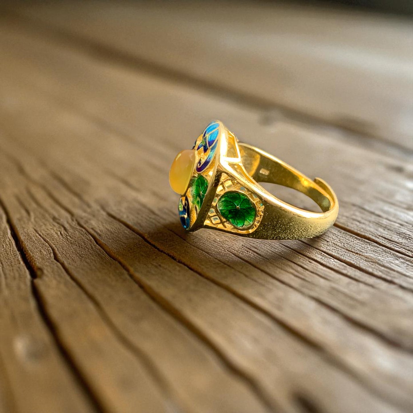 Vintage Style Cloisonne Yellow Agate Statement Ring