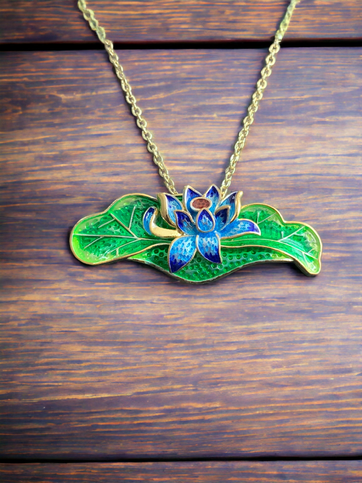 Cloisonne Lotus Flower Floral Statement Pendant