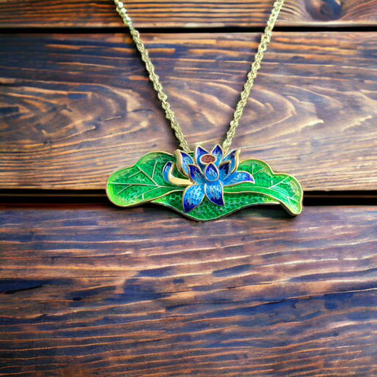 Cloisonne Lotus Flower Floral Statement Pendant