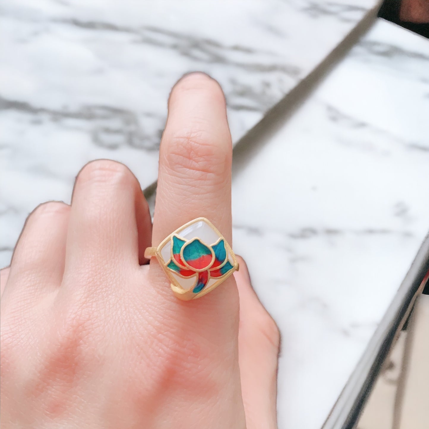 Lotus Flower Enamel Statement Ring