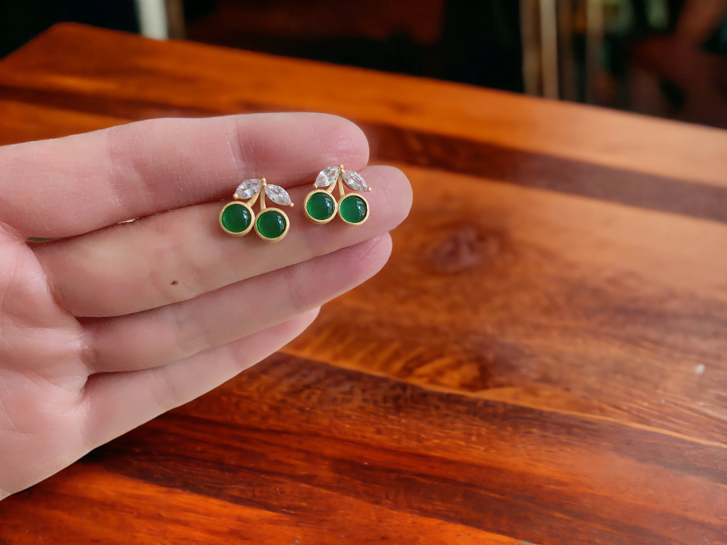 Dainty Green Cherry Stud Earrings