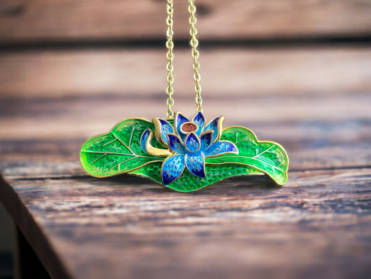 Cloisonne Lotus Flower Floral Statement Pendant