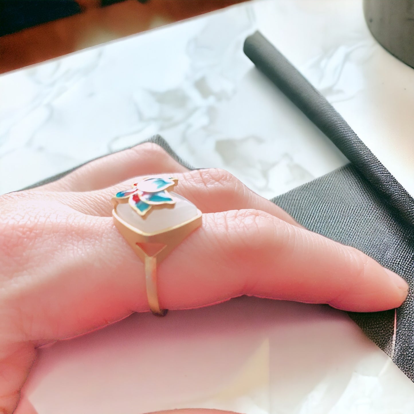 Lotus Flower Enamel Statement Ring