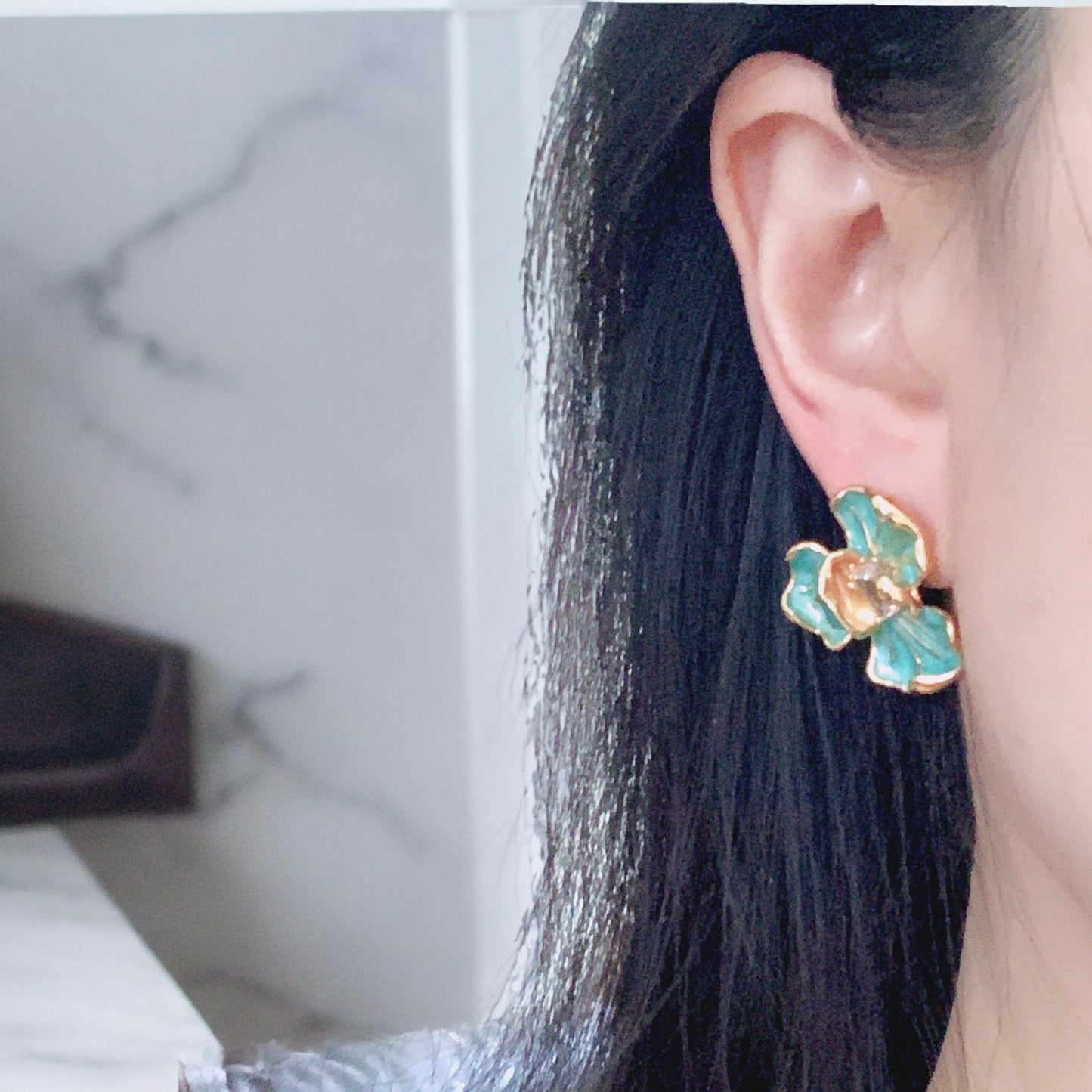 Iris Flower Enamel Statement Earrings