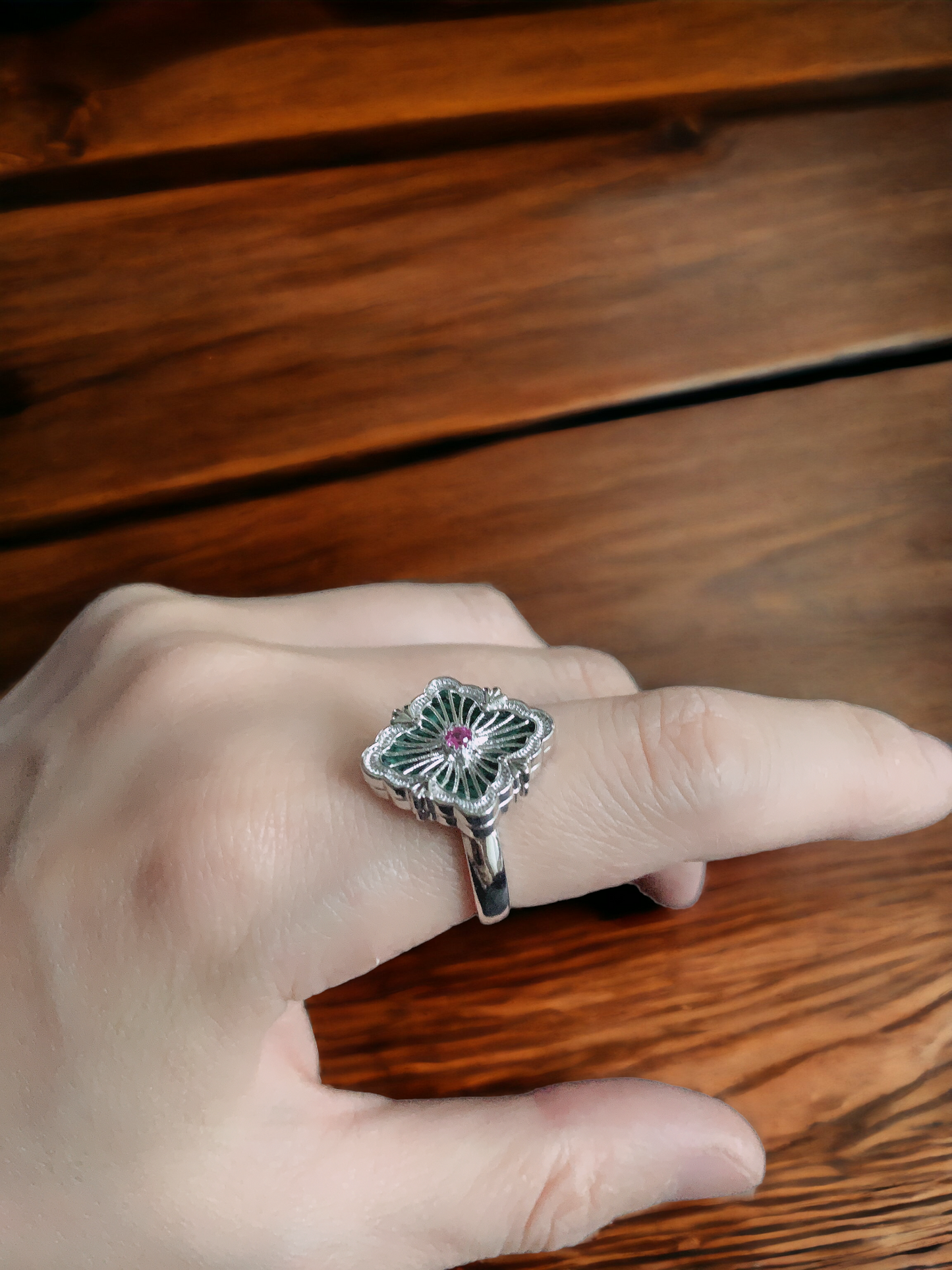 Four-leaf Clover Floral Green Statement Ring