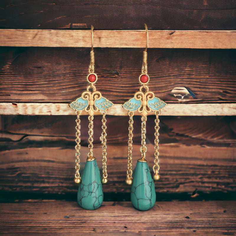 Butterfly Turquoise Tassel Drop Vintage Style Earrings