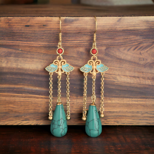 Butterfly Turquoise Tassel Drop Vintage Style Earrings
