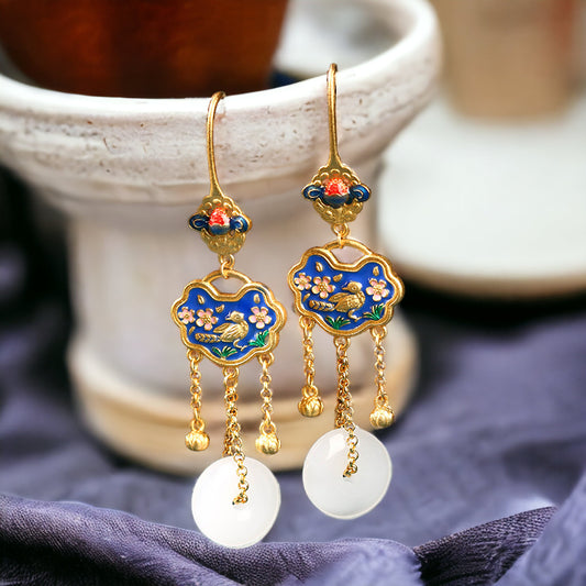 Bird & Flowers Tassel Drop Earrings
