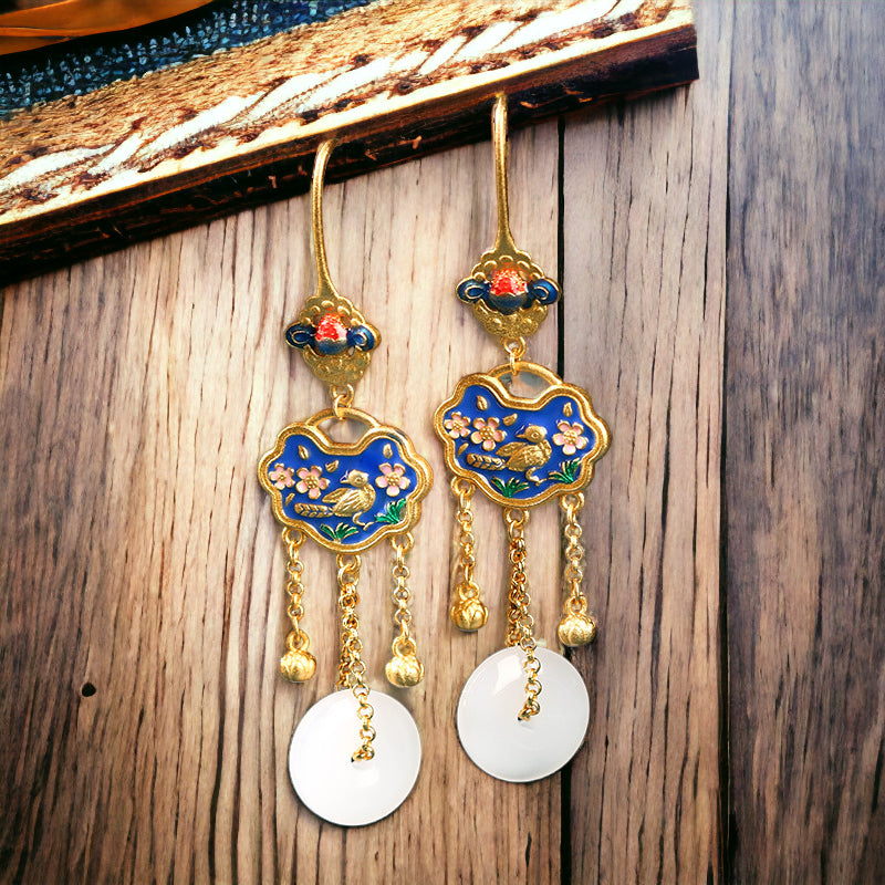 Bird & Flowers Tassel Drop Earrings