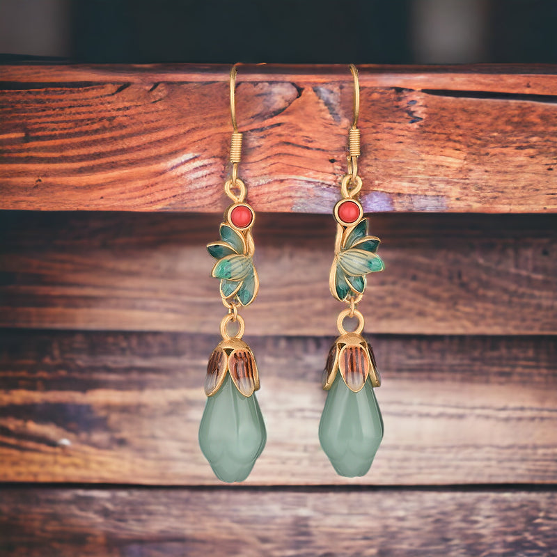 Victorian Jade Magnolia Vitreous Enamel Earrings