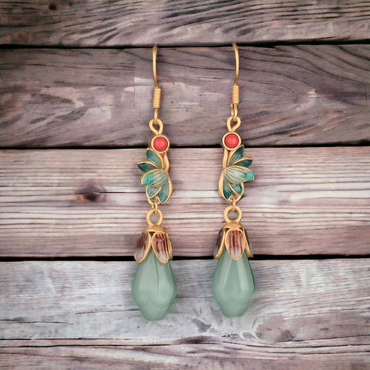 Victorian Jade Magnolia Vitreous Enamel Earrings