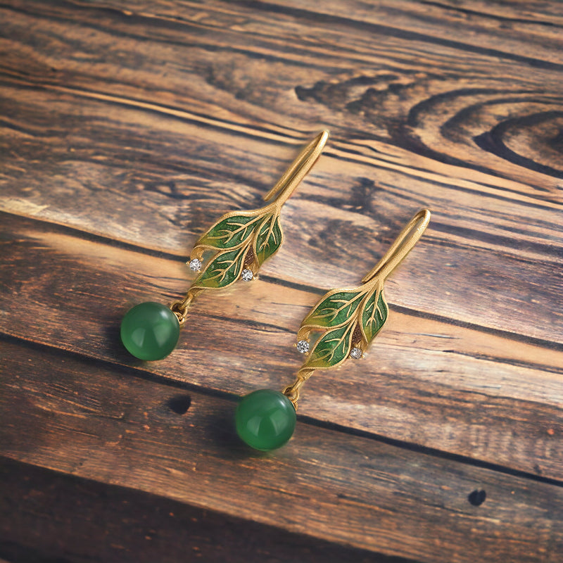 Vitreous Enamel Chrysoprase Leaf Earrings