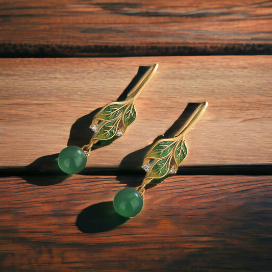 Vitreous Enamel Chrysoprase Leaf Earrings