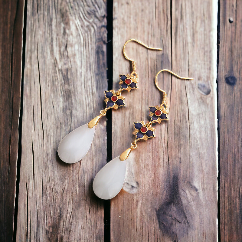Cloisonne Jade Vitreous Enamel Floral Earrings