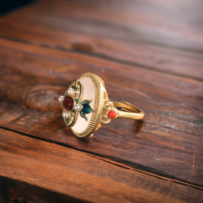 Vintage Design Cloisonne Red Agate Statement Ring