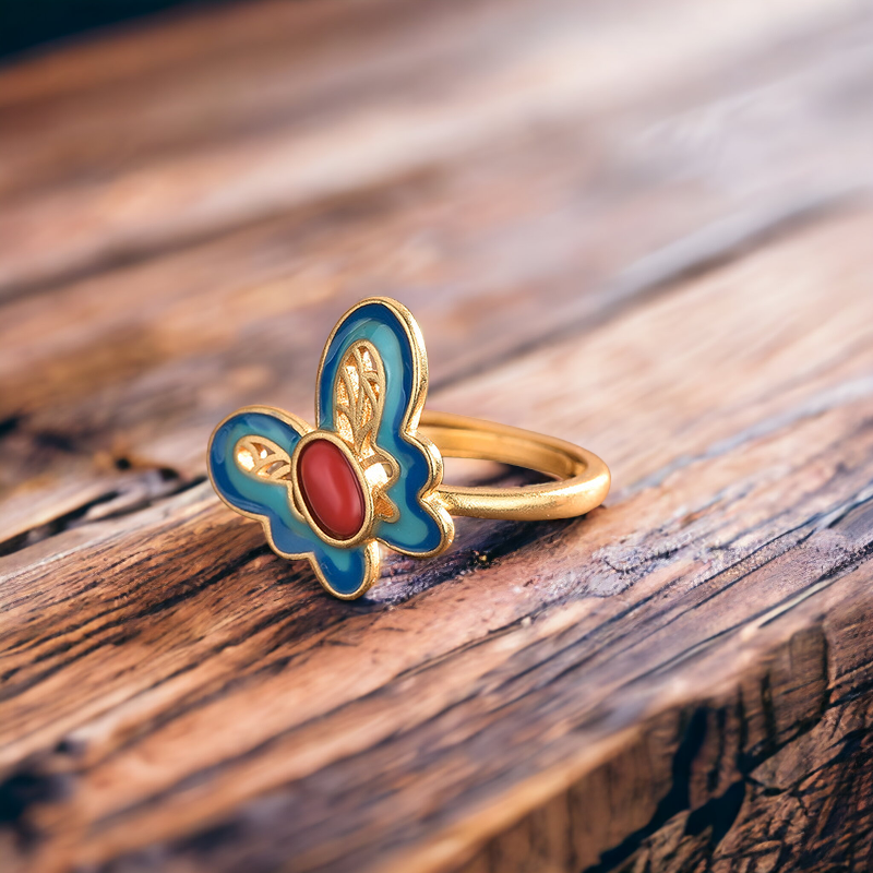 Vintage Style Cloisonne Blue Butterfly Ring