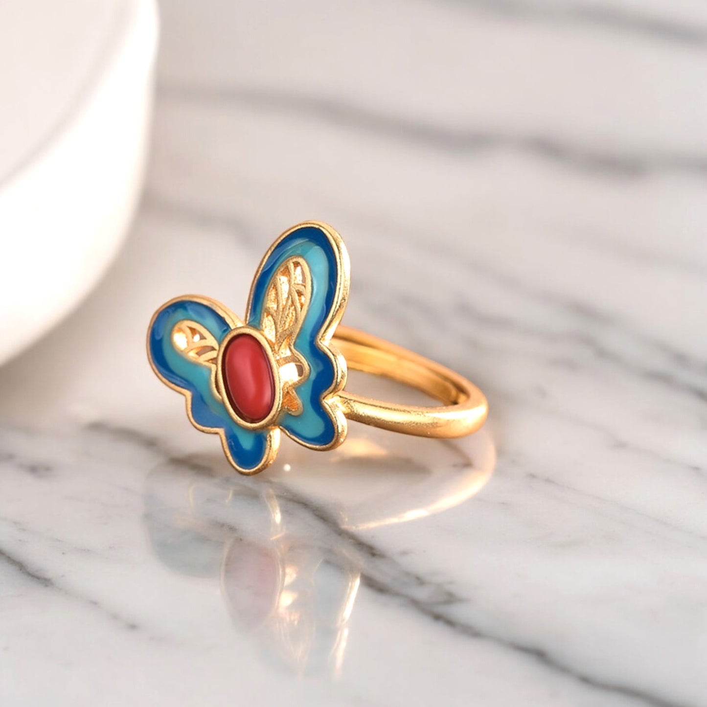 Vintage Style Cloisonne Blue Butterfly Ring