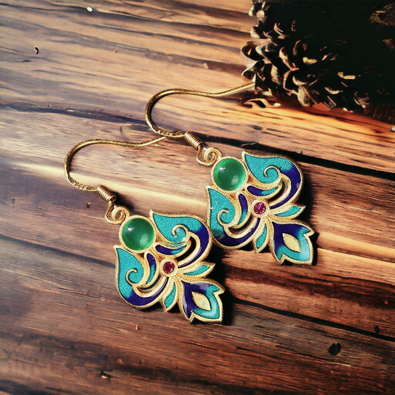 Enamel Chrysoprase Green Floral Earrings