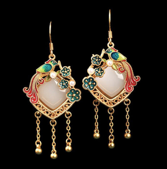 Bird Flower Enamel Statement Earrings