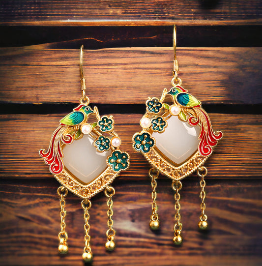 Bird Flower Enamel Statement Earrings