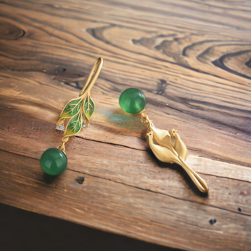 Vitreous Enamel Chrysoprase Leaf Earrings