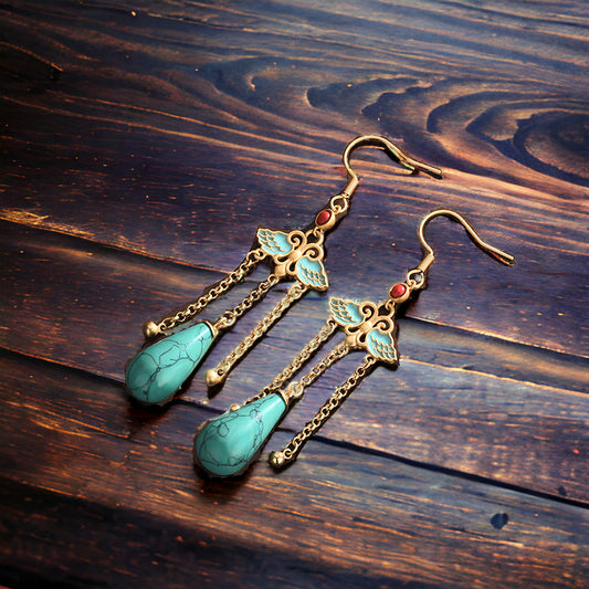 Butterfly Turquoise Tassel Drop Vintage Style Earrings