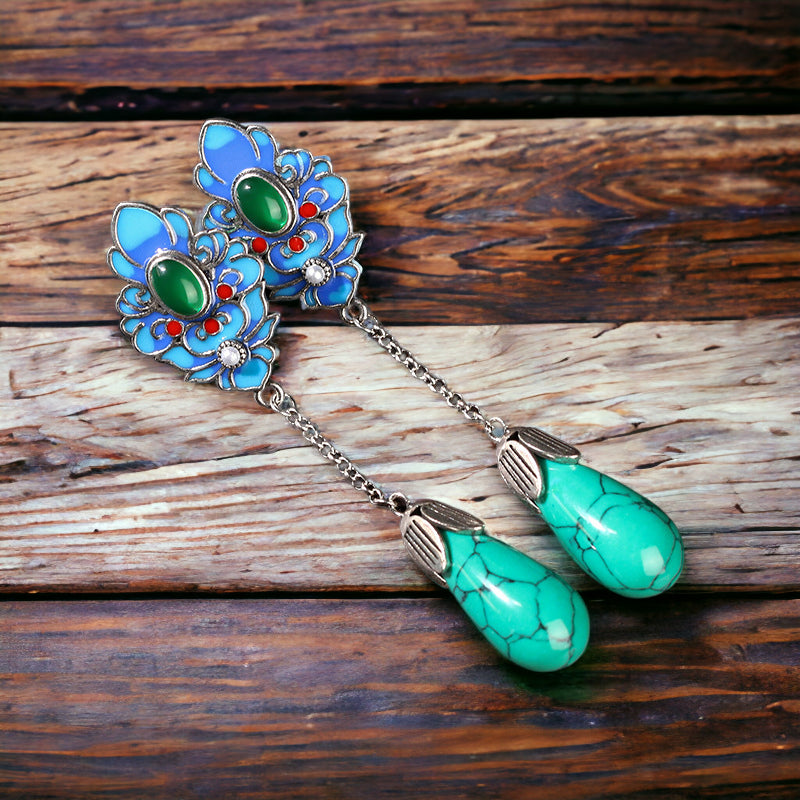 Cloisonne Chrysoprase Turquoise Drop Earrings