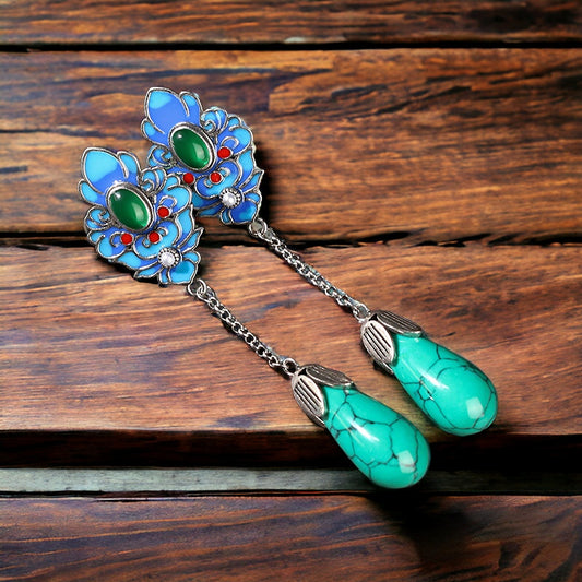 Cloisonne Chrysoprase Turquoise Drop Earrings
