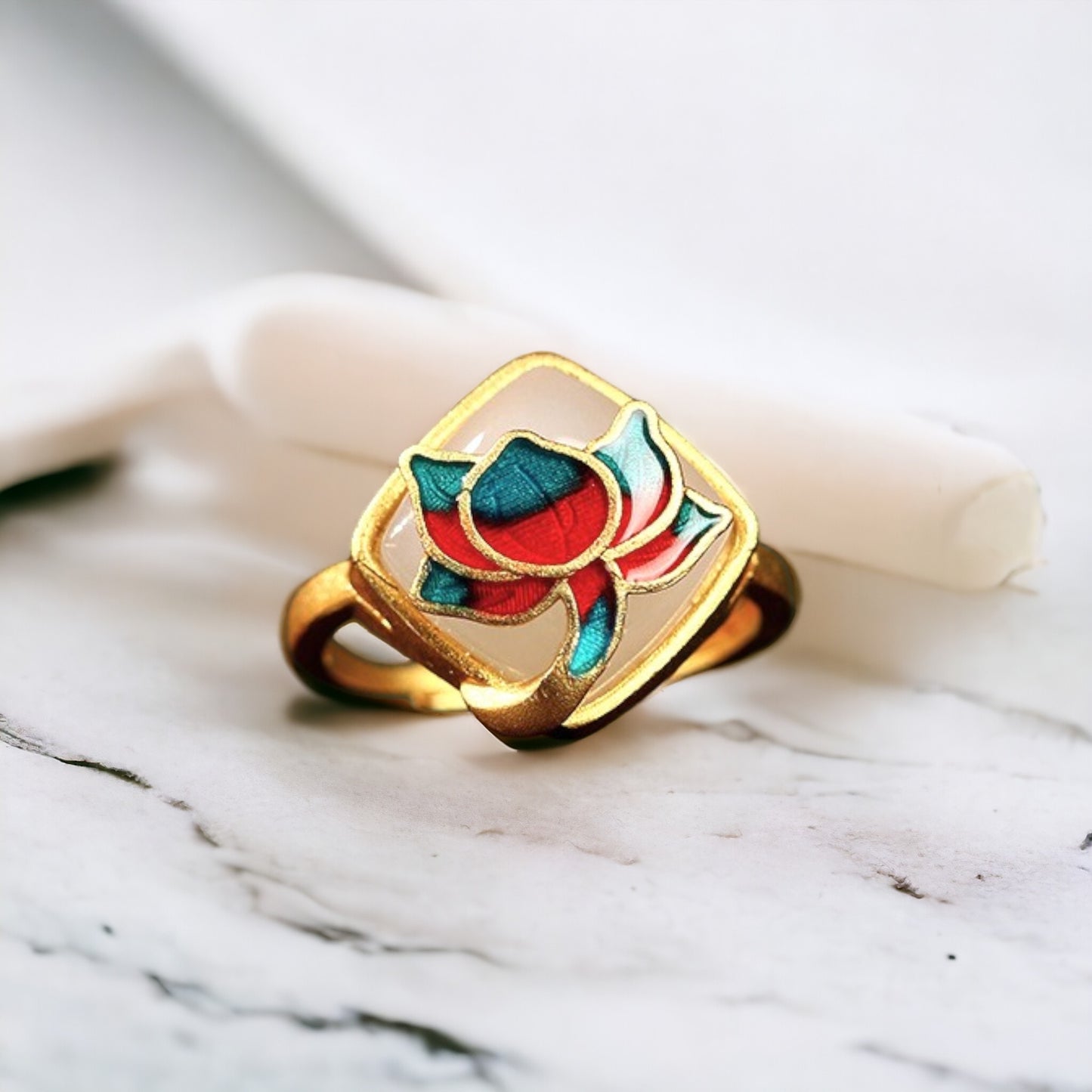 Lotus Flower Enamel Statement Ring