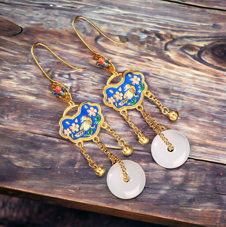 Bird & Flowers Tassel Drop Earrings