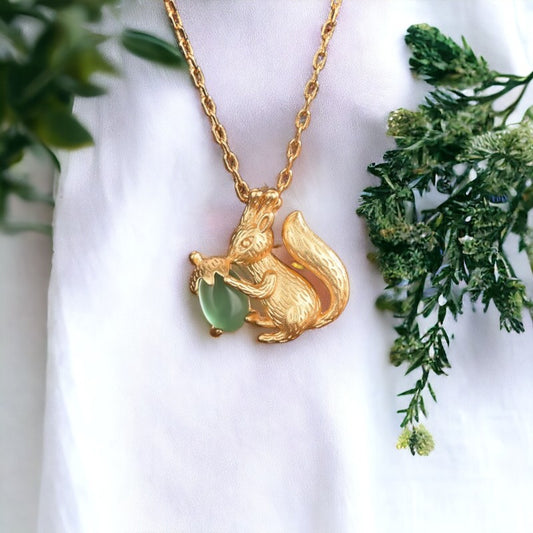 Vintage Style Chrysoprase Squirrel Acorn Necklace