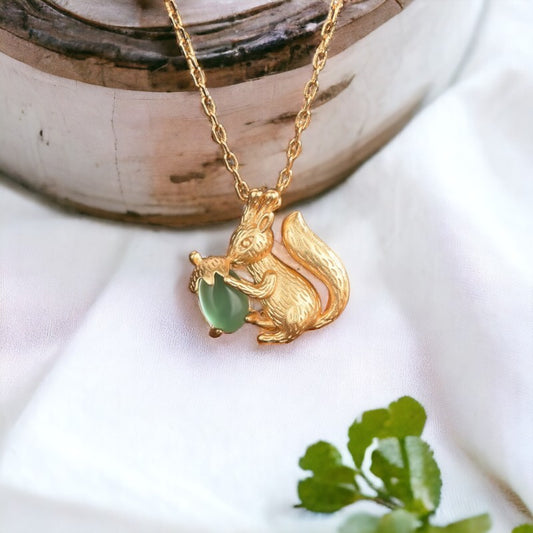 Vintage-Style Squirrel & Acorn Chrysoprase Pendant Necklace, Gold-Plated Brass
