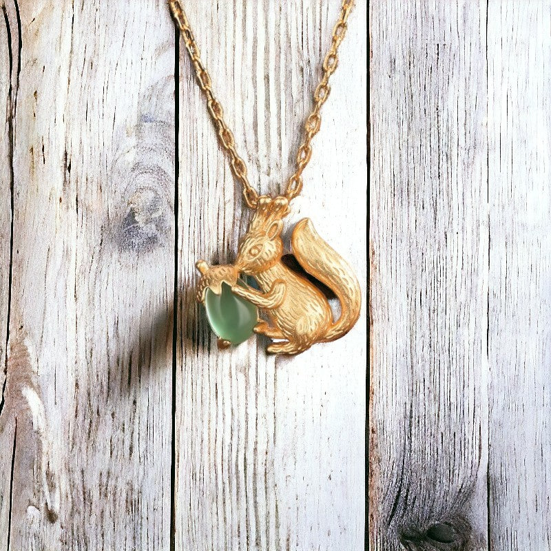 Vintage-Style Squirrel & Acorn Chrysoprase Pendant Necklace, Gold-Plated Brass