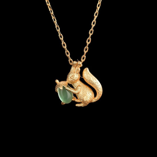 Vintage Style Chrysoprase Squirrel Acorn Necklace