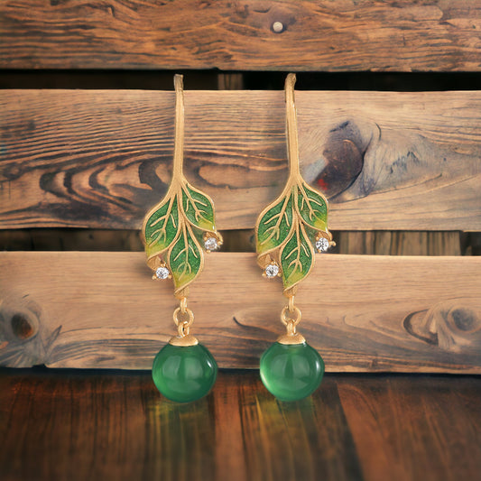 Vitreous Enamel Chrysoprase Leaf Earrings