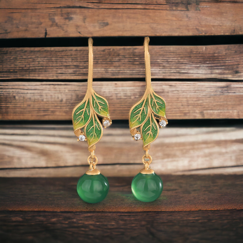 Vitreous Enamel Chrysoprase Leaf Earrings
