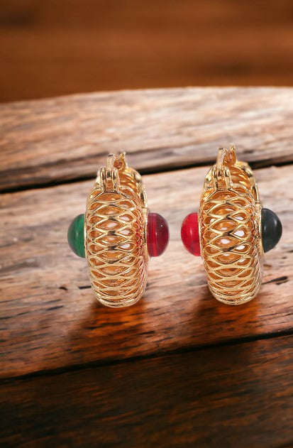 Two Stone Huggie Hoop Statement Earrings