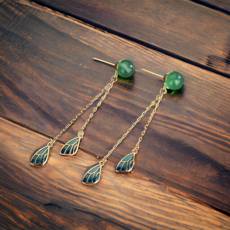 Feather Inspired Vitreous Enamel Chrysoprase Earrings