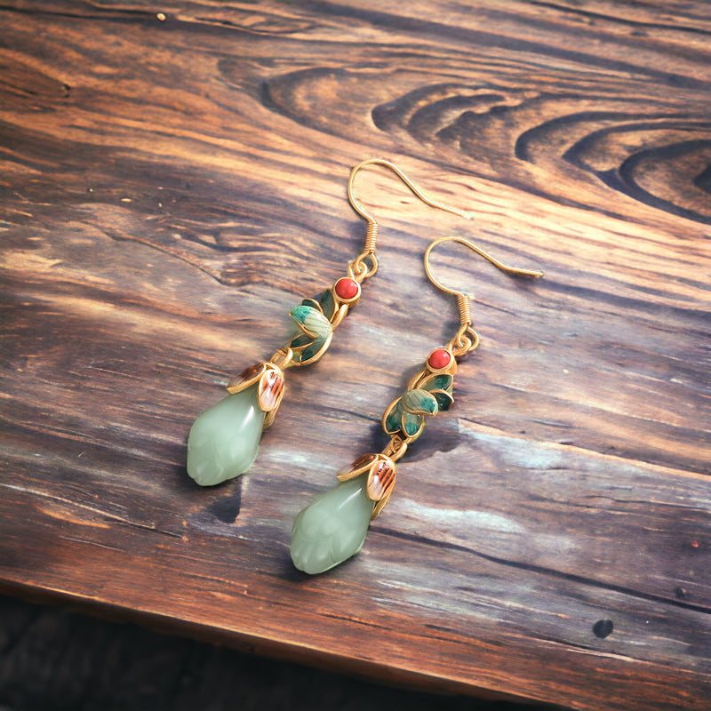 Victorian Jade Magnolia Vitreous Enamel Earrings