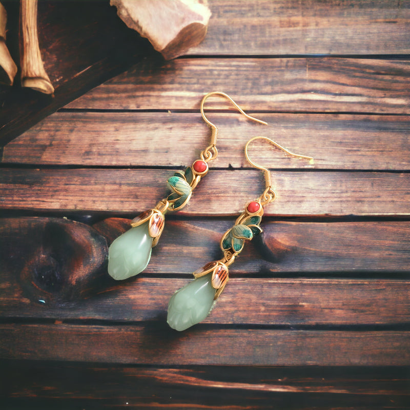 Victorian Jade Magnolia Vitreous Enamel Earrings