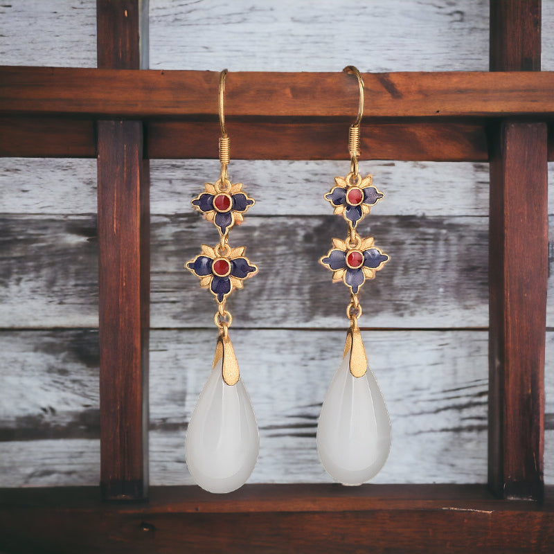 Cloisonne Jade Vitreous Enamel Floral Earrings