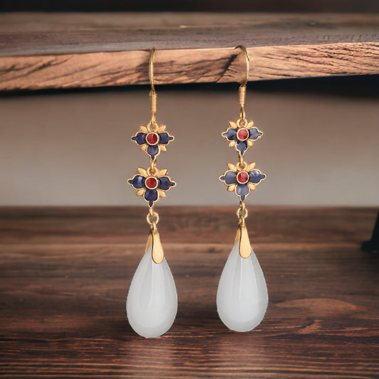 Cloisonne Jade Vitreous Enamel Floral Earrings
