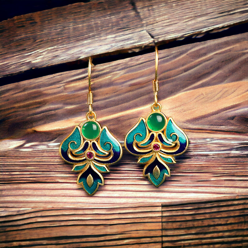 Enamel Chrysoprase Green Floral Earrings