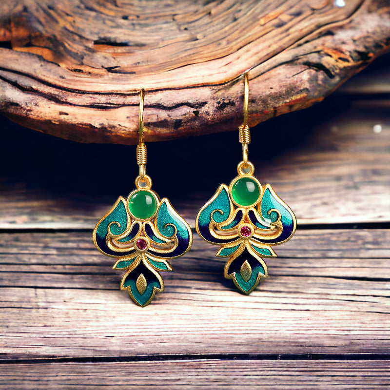Enamel Chrysoprase Green Floral Earrings