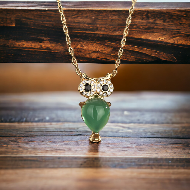 Chrysoprase Owl Agate Rhinestone Necklace