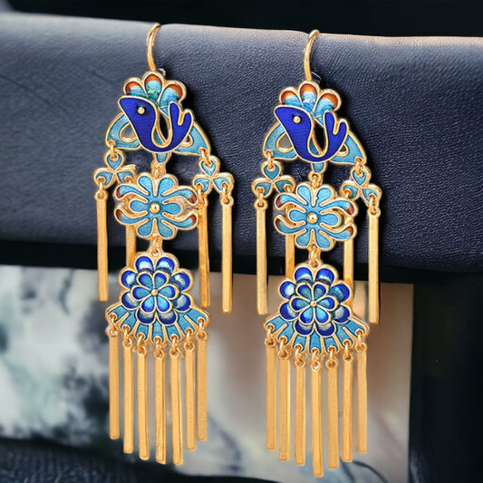 Cloisonne Floral Phoenix Design Tassel Drop Earrings
